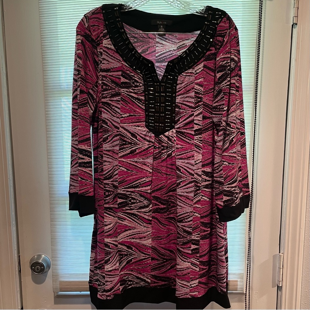 Style &Co. XL Purple Watercolor 3/4 sleeve Mini Tunic V Neck Dress